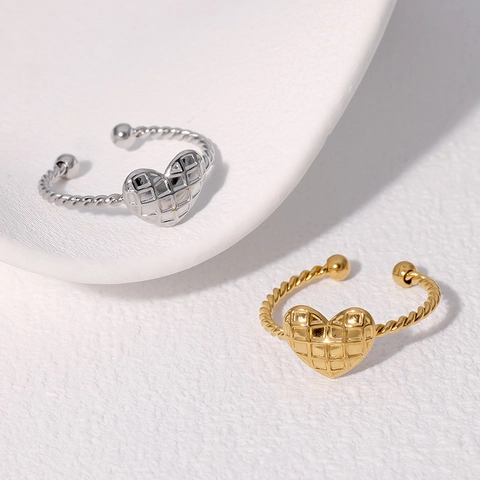 Anillo Corazón Patrón Acolchado Acero Inoxidable Ajustable Abierto Banda Cuerda Trenzada Joyería Moda Minimalista Para Mujeres