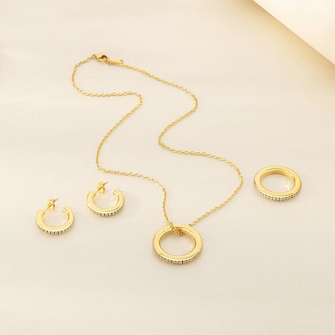 Edelstahl Zirkon Schmuck Halskette Ring Creolen Für Damen Minimalistischer Geometrischer Pendlerstil
