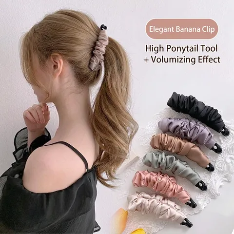 Banana Hair Clip Pleated Fabric Wrapped Satin Texture Ponytail Holder Large Elegant Accessory For Women