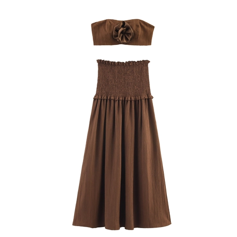 Dames Tweedelige Set 3D Bloem Tubetop En Geplooide Maxi Rok Vakantie Resort Gesmokte Taille Bruin