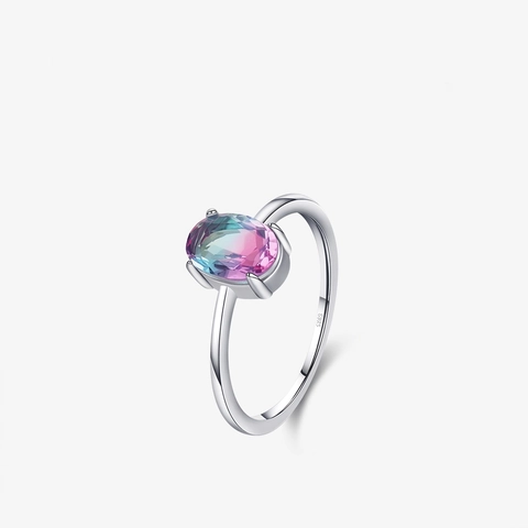 Oval Gradient Rainbow Gemstone Ring 925 Sterling Silver Minimalist Dainty Colorful Jewelry For Women Prongs Setting