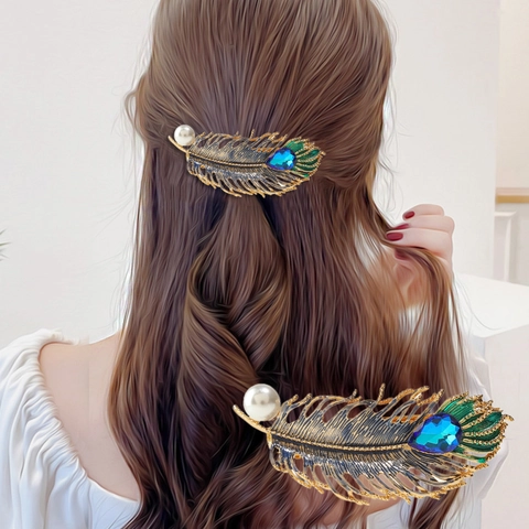 Fermaglio Per Capelli Vintage Piuma Foglia Lega Zinco Strass Vetro Perla Artificial Smalto Forcina Per Donna