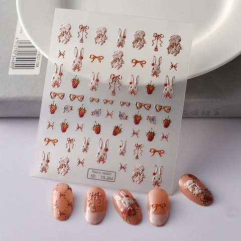 5D Geprägte Nagelkunst Aufkleber Retro Kaninchen Rokoko Erdbeere Herz Nagelsticker Süßer Stil