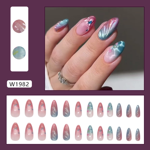 Blaue Rosa Gradient Cat Eye Press On Nägel Lange Mandel Muschel Textur 3D Welle Aurora Künstliche Perle Glänzende Künstliche Nägel