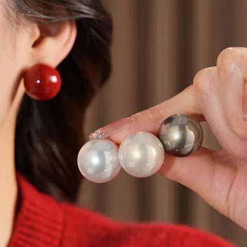 Large Round Ball Faux Artificial Pearl Stud Earrings With Silver Earring Post Minimalist High Gloss Elegant Jewelry For Women