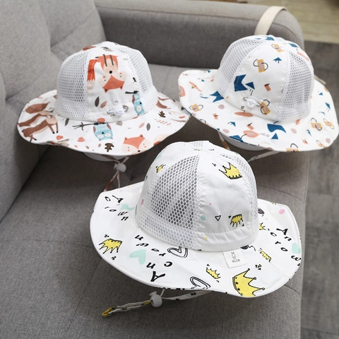 Toddler Kids Bucket Hat Breathable Cotton Mesh Sun Protection Summer Beach Cap Cartoon Print Windproof Adjustable