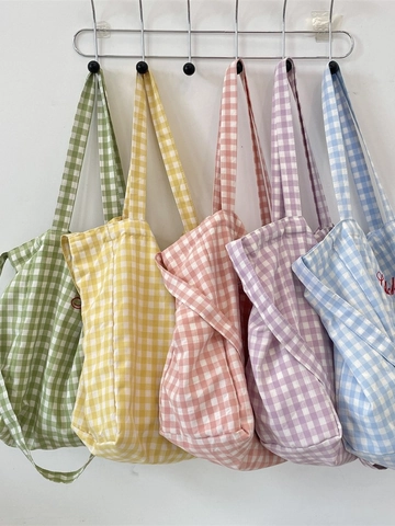 Gingham Checkered Tote Bag Large Capacity Polyester Shoulder Handbag With Embroidery For Women Student Lazy Style Casual