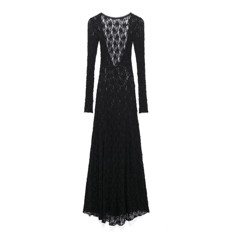 Women Sexy Black Lace Maxi Dress Backless Long Sleeve Round Neck Floor Length Elegant Party Evening Solid Color Gown