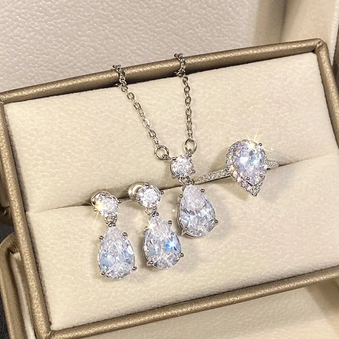 Collier Boucles D'oreilles Bague Goutte D'eau Cuivre Zircone Forme Poire Halo Mariage Banquet Luxe Mode Bijoux Femmes