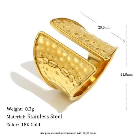 Hammerstruktur Breiter Offener Ring 18K Vergoldeter Edelstahl Verstellbarer Vintage Luxus Fingerschmuck Für Damen