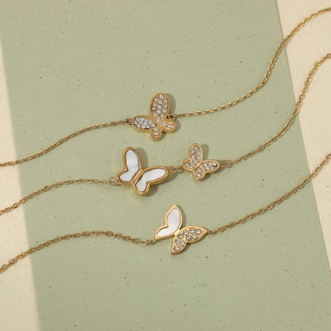 Dainty Butterfly Bracelet For Women Stainless Steel Shell Inlay Cubic Zirconia Rhinestone Elegant Fashion Accessory