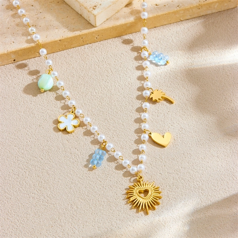 Stainless Steel Artificial Pearl Necklace With Heart Palm Tree Flower Pendants Gold Plated Summer Boho Jewelry For Women