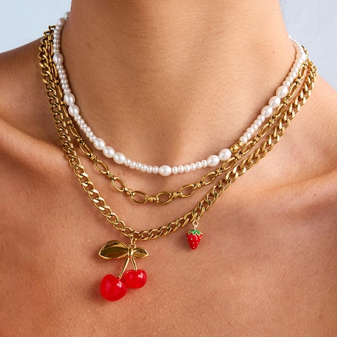 Cherry Strawberry Pendant Necklace 18K Gold Plated Stainless Steel Dainty Fruit Jewelry For Women Girls Novelty