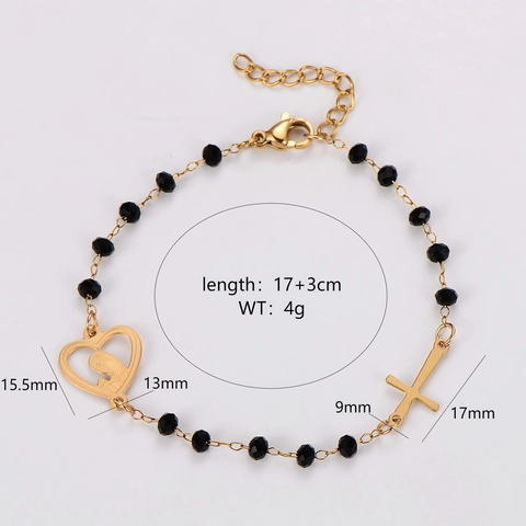Kralenarmband Roestvrij Staal Zwarte Kralen Hart Maagd Maria Portret Kruis Hanger Religieuze Sieraden Verstelbaar
