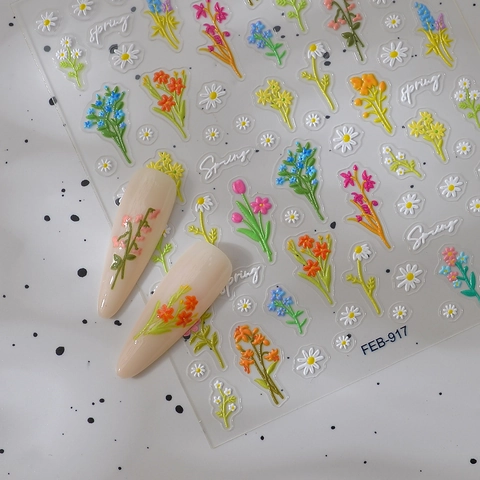 Autocollants De Nail Art En Relief 5D Fleurs De Printemps Colorées Marguerites Tulipes Style Japonais Décorations De Manucure