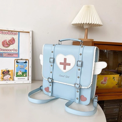 Zaino Sweet Girl Pelle PU Cuore Ali Ricamo Croce Stile JK Kawaii
