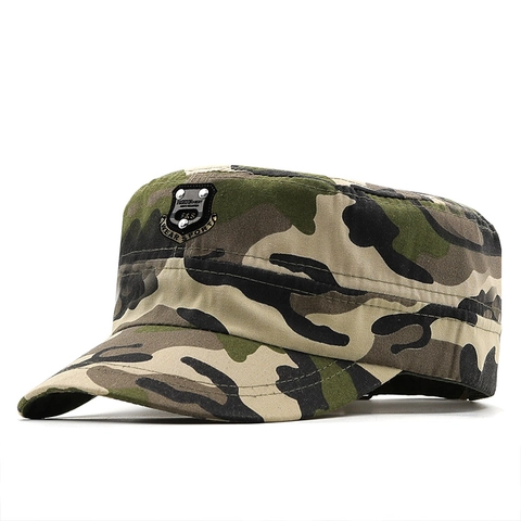 Cappello Militare Camouflage Tela Cotone Berretto Cadet Testa Piatta Regolabile Protezione Solare Uomo Donna