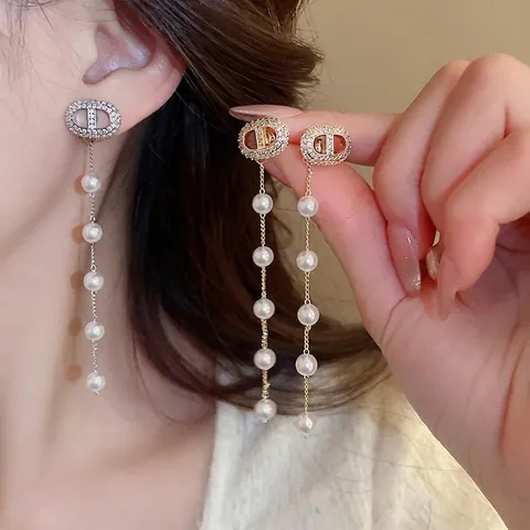 Elegante Kunstparel Kwast Oorbellen Met Zirkoon Geometrische Vorm En 925 Sterling Zilveren Oorbel Stift Voor Dames