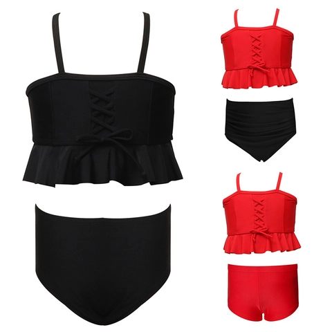 Meisjes Badpak Bikini Ruches Veters Nylon Kinderen Strand Badmode Hoge Taille Effen Kleur Sneldrogend