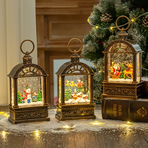 Lanterne de Noël Rétro en Bronze Effet Neige Avec Veilleuse LED Globe de Neige Père Noël Renne Bonhomme de Neige Cadeau de Vacances