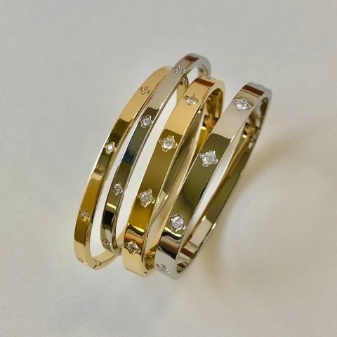 Bracciale Rigido in Acciaio al Titanio con Fiori e Zirconia per Donna Lucido Oro Argento Motivo Floreale Intarsiato Gioielli di Moda
