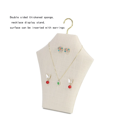 Jewelry Display Stand Metal Hanger With Wooden Base Linen Fabric Necklace Earring Organizer Desktop Rack