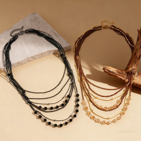 Multi Layer Beaded Necklace Glass Crystal Alloy Chain Bohemian Vintage Style Jewelry For Women