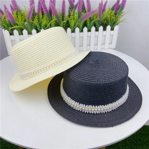 Cappello Di Paglia Boater Donna Protezione Solare Spiaggia Tesa Piatta Pizzo Künstliche Perle Artificiali Stile Pastorale