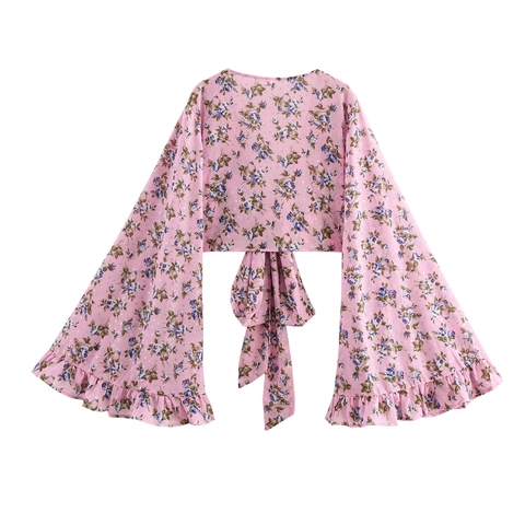 Women Bohemian Floral Print V Neck Blouse Polyester Flare Long Sleeve Tie Up Front Crop Top Vacation Style