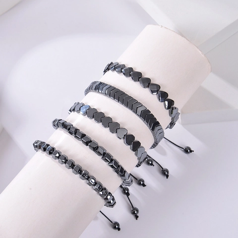 Bracciale In Corda Intrecciata Regolabile In Pietra Magnetica Di Ematite A Forma Di Cuore Gioielli Moda Unisex Nero