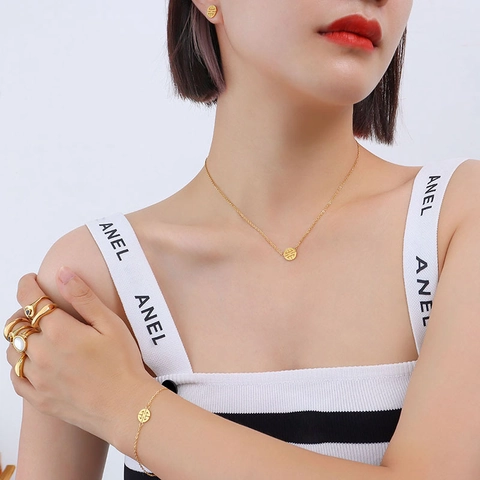 Hollow Round Charm Chinese Style Stainless Steel 18K Gold Plated Necklace Bracelet Stud Earrings Minimalist Elegant Women Jewelry