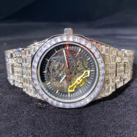 Luxurious Hip Hop Men Skeleton Mechanical Watch Full Rhinestone Metal Belt Luminous Automatic Wristwatch Fashion Male Jewelry