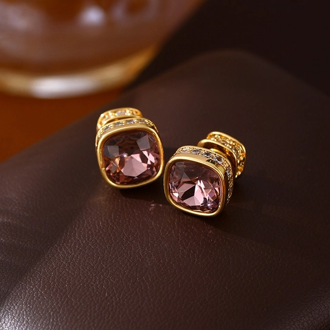 Square Crystal And Zircon Stud Earrings Copper With 18K Gold Plated Geometric Fashion Jewelry For Women