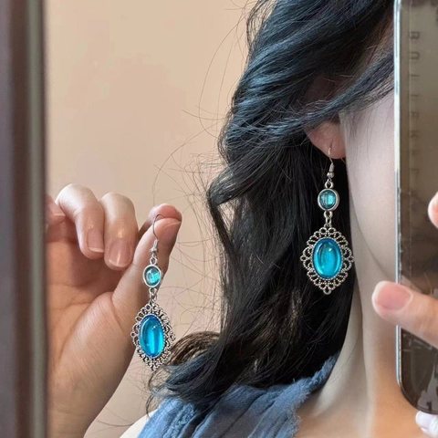 Vintage Blue Resin Oval Drop Earrings With Alloy Hook For Women Ethnic Bohemian Style Jewelry