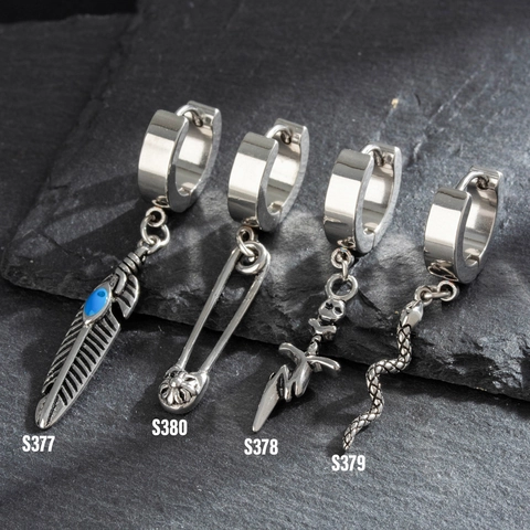 Titanium Stahl Creolen Mit Anhänger Für Herren Damen Punk Gotik Feder Schlange Totenkopf Sicherheitsnadel Silber Farbe
