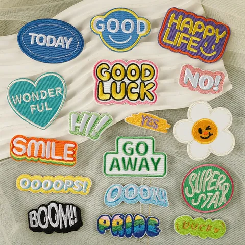 Polyester Embroidered Patches Cartoon English Letters Slogans Self-Adhesive Iron-On For DIY Clothing Bags Jackets Hats