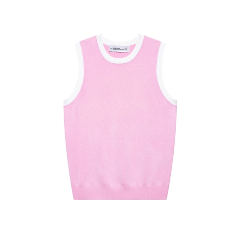 Women Knitted Tank Top Contrast Color Binding Round Neck Sleeveless Slim Fit Polyester Casual Sweet Chic Top