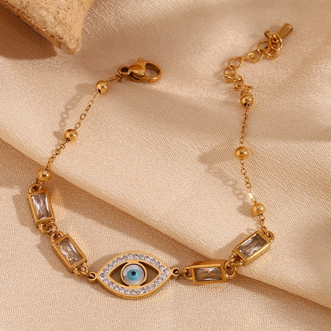 Stainless Steel 18K Gold Plated Evil Eye Bracelet For Women Rectangular Rhinestone Charm Adjustable Link Chain Jewelry