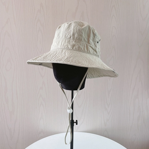 Outdoor Wide Brim Bucket Hat Cotton Nylon Blend Quick Dry Sun Protection Windproof Chin Strap Travel Casual Men Women