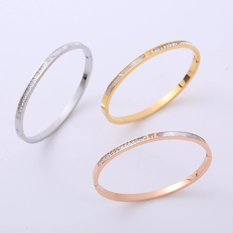 Bracciale Rigido In Acciaio Inossidabile Minimalista Madreperla Conchiglia Intarsiato Zirconia Chiusura A Cerniera Moda Lusso