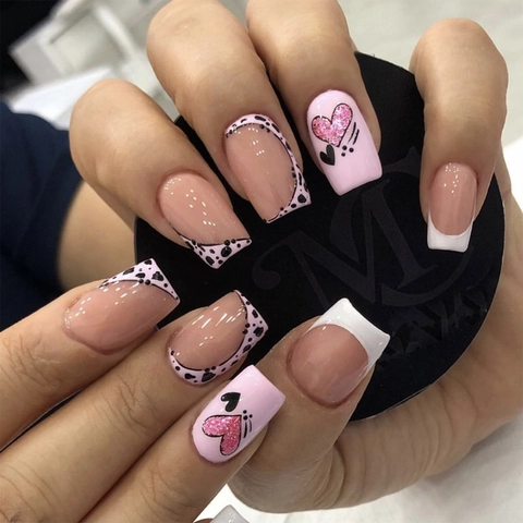 French Tip Press On Nails Long Square Pink Glitter Heart Black Polka Dot Glossy False Nails For Women