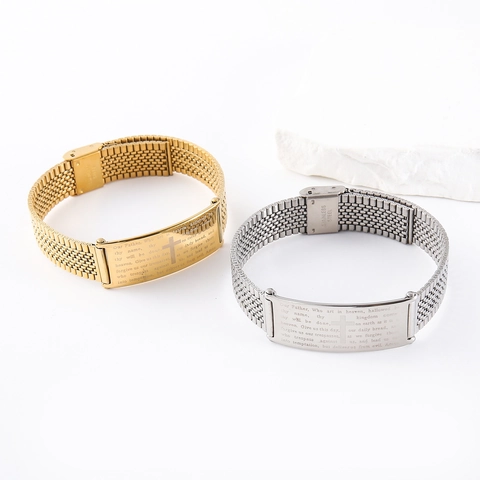 Bracelet Croix Notre Père En Acier Inoxydable Maille Bijoux Religieux Pour Hommes Femmes Mode