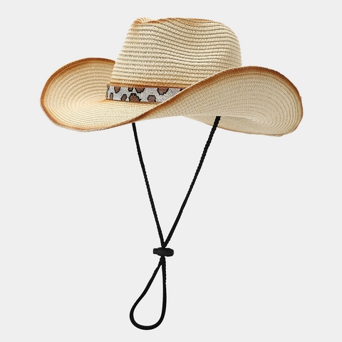 Chapeau De Cow-Boy En Paille Pour Femmes Bande Léopard Perles Protection Solaire Plage Vacances Cordon Ajustable Style Western