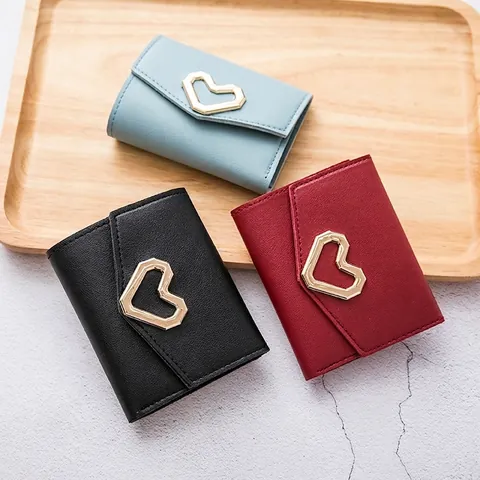 Portafoglio Piccolo Triplo Da Donna Pelle PU Fibbia A Cuore Metallo Portamonete Porta Carte Dolce Colore Solido