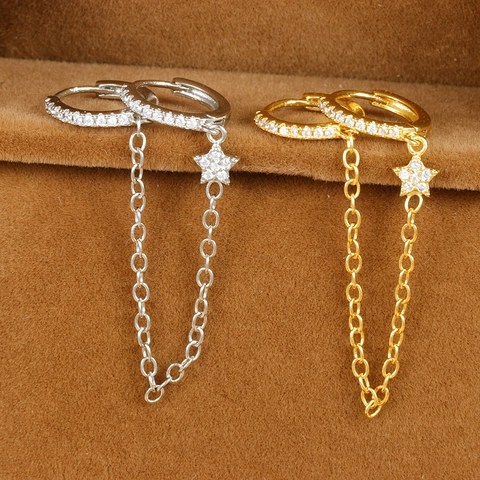 Orecchini a Cerchio Con Ciondolo a Pentagramma E Perno in Argento Sterling 925 Catena in Rame Oro Argento Strass Gioielli Donna
