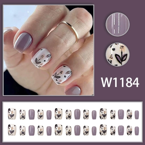 Press On Nails Short Ballet Square Round Purple Solid Floral Pattern Artificial False Fingernails DIY Manicure For Women
