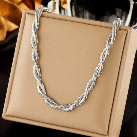 Necklace And Bracelet Stainless Steel Twisted Snake Chain Minimalist Vintage Braided Jewelry For Women Silver Color