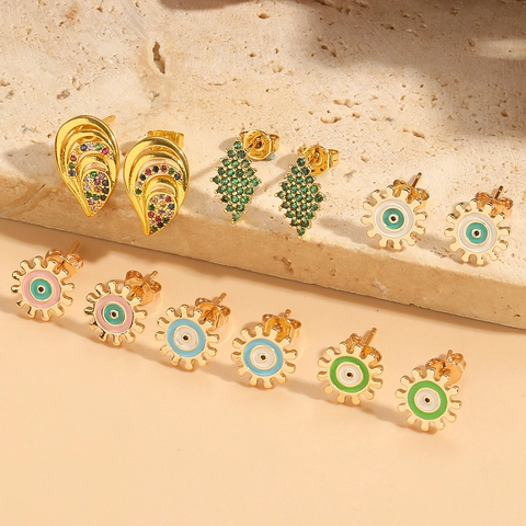 Vintage Copper Gear Evil Eye Stud Earrings For Women Colorful Enamel Zirconia Inlaid Lolita Style Light Luxury Jewelry Gift