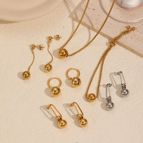 Minimalist Stainless Steel Round Ball Jewelry Set For Women High Polish Gold Silver Plated Necklace Bracelet Earrings