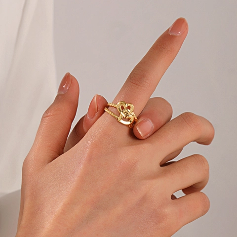 Anillo Ajustable De Doble Corazón De Acero Inoxidable Chapado En Oro Banda Trenzada Joyería De Moda Minimalista Mujer